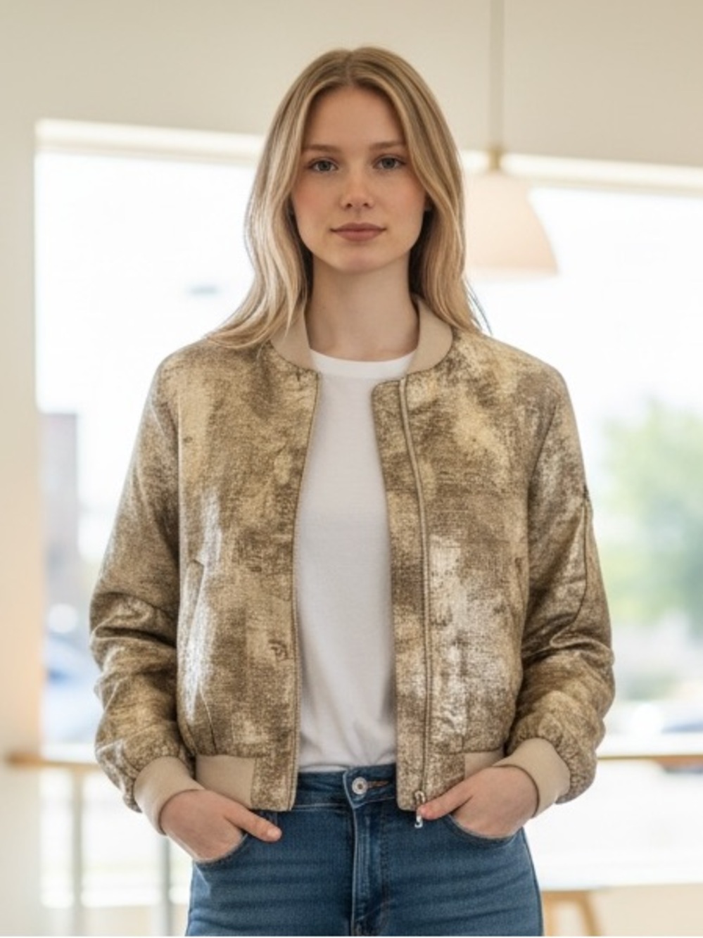 ZARA Neutral-Tone Textured Bomber Jacket